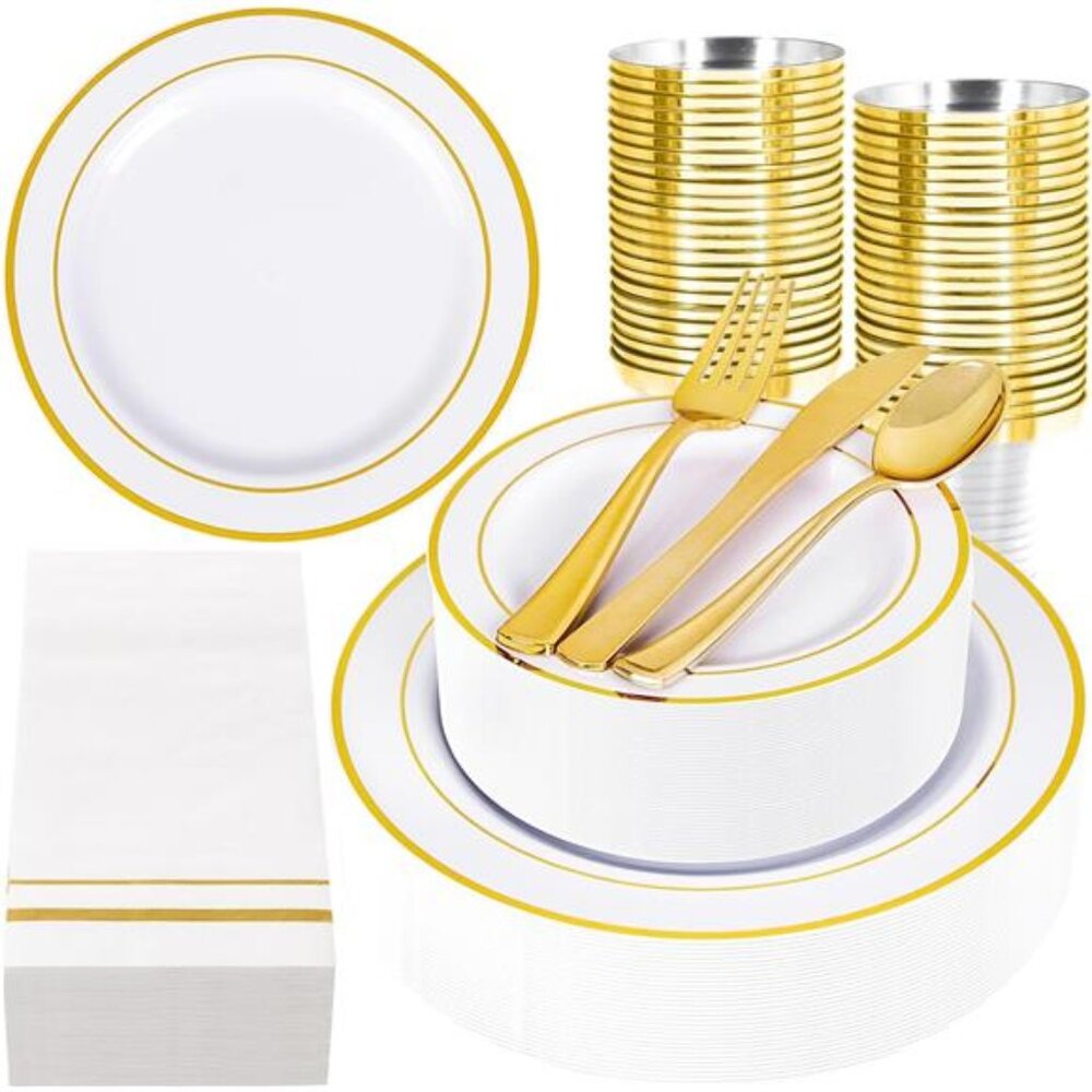 Gold Disposable Plates Set 350 White and Gold Party Wedding Dinnerware for 50 Gu